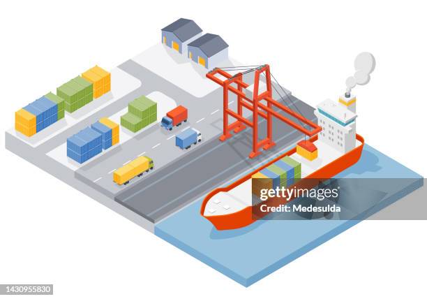 isometric harbor ship - unloading boxes stock illustrations