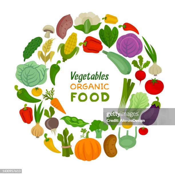 ilustrações, clipart, desenhos animados e ícones de composição redonda de legumes. vegetais frescos. comida orgânica. - crucíferas