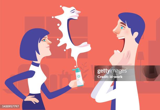 frau hält lotionstube mit spritzender gesichtsmaske und trifft überraschenden mann - handcreme stock-grafiken, -clipart, -cartoons und -symbole