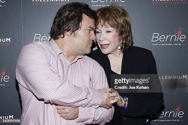 Actors Jack Black and Shirley MacLaine arrive at the premiere Of "Bernie" at ArcLight Cinemas on April 18, 2012 in Hollywood, California.