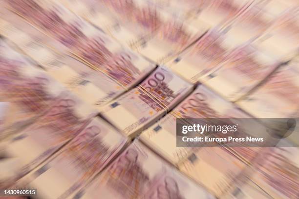 Counterfeit €500 banknotes at a press conference of the National Police and the Mossos d'Esquadra after dismantling a laboratory for the production...