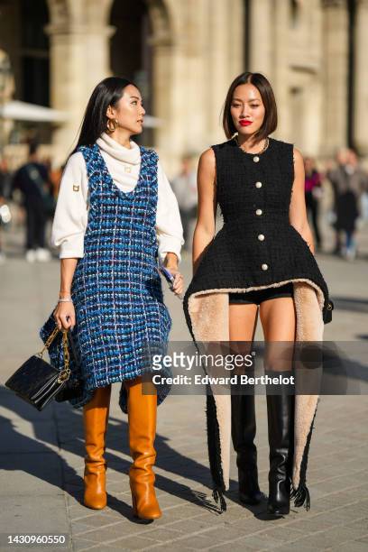 Yoyo Cao wears a white wool turtleneck / studded pullover from Louis Vuitton, a navy blue and blue checkered embroidered tweed tank-top asymmetric...