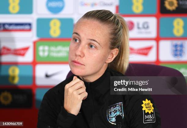 Beth Mead of England looks on as they are interviewed during an England Women Training Session & Press Conference at The Lensbury on October 06, 2022...