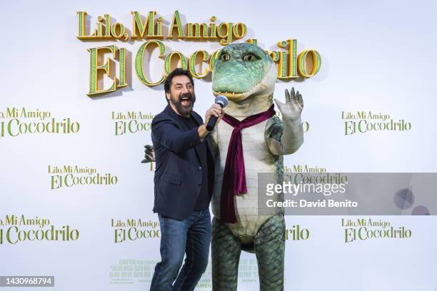 Javier Bardem and Lilo attend the photocall for "Lilo, Mi Amigo El Cocodrilo" at Hotel Mandarin Oriental Ritz on on October 06, 2022 in Madrid, Spain.