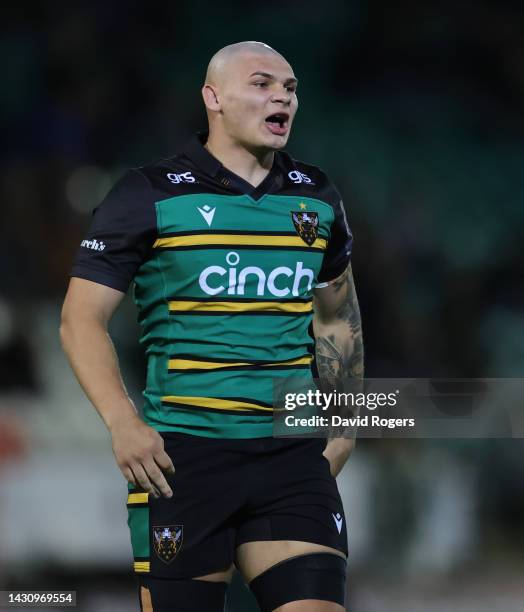 Aaron Hinkley of Northampton Saints looks on during the Premiership Rugby Cup match between Northampton Saints and Saracens at Franklin's Gardens on...