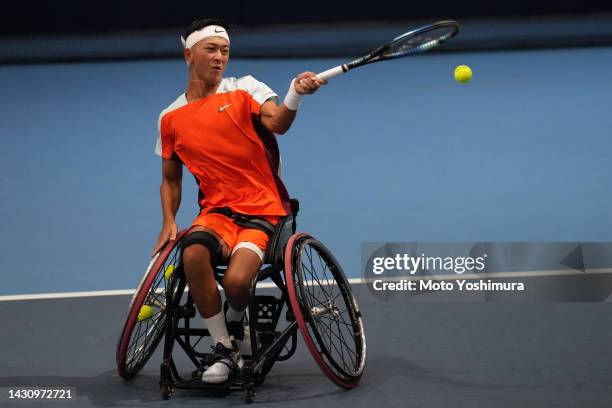 Tokio Oda of Japan plays against Daisuke Arai of Japan on day four of the Rakuten Japan Open at Ariake Coliseum on October 6, 2022 in Tokyo, Japan.