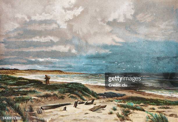 beach of long island - landscape painting stock illustrations