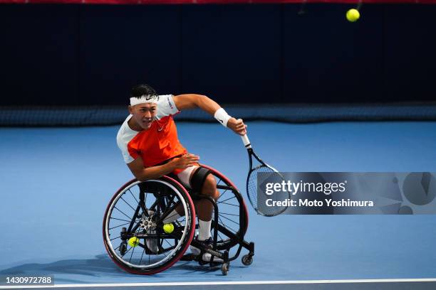 Tokio Oda of Japan plays against Daisuke Arai of Japan on day four of the Rakuten Japan Open at Ariake Coliseum on October 6, 2022 in Tokyo, Japan.