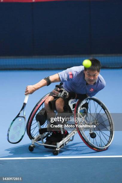 Shingo Kunieda of Japan plays against Tomoya Tachi of Japan on day four of the Rakuten Japan Open at Ariake Coliseum on October 6, 2022 in Tokyo,...