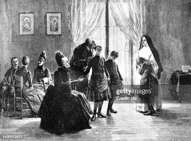 farewell to the parental home, girl enters a monastery boarding school - boarding school stock illustrations