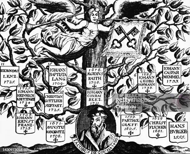 printer family tree, regensburg, 1733 - family tree stock illustrations