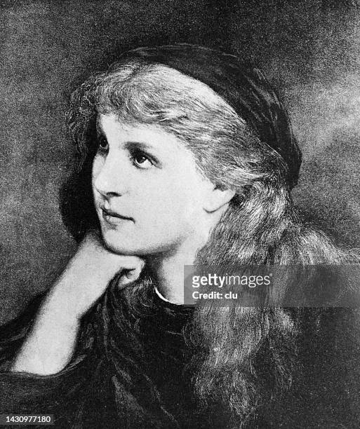 young blond girl portrait, side view, looking up, head leaning on hand. - 1888 stock illustrations