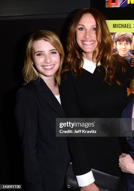 Emma Robert and Julia Roberts attends the Los Angeles premiere of "Jesus Henry Christ" at Mann Chinese 6 on April 18, 2012 in Los Angeles, California.