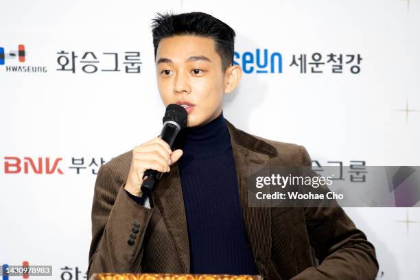 Yoo Ah-in attends the Hand-printing ceremony before the 2022 Buil Film Awards during the 27th Busan International Film Festival at Signiel Busan on...