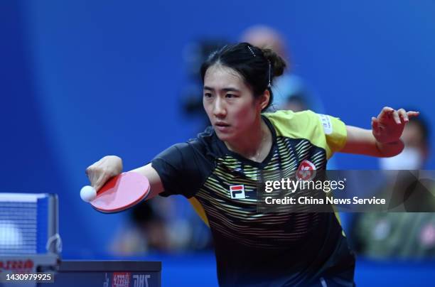 Zhu Chengzhu of Hong Kong competes against Nina Mittelham of Germany during the Women's quarter-final match between Germany and Hong Kong on Day 7 of...