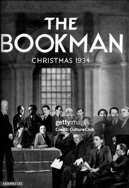 1930s literary figures on the cover of 'The Bookman' Christmas 1934. Caption reads: 'A literary collection arranged and photographed for 'The...