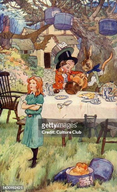 Alice and the March Hare 's Tea party from Alice 's Adventures in Wonderland by Lewis Carroll . Caption reads: A mad tea party. English children's...