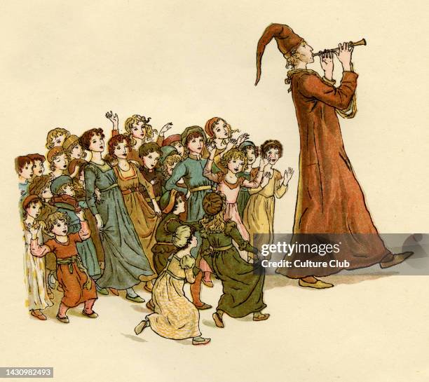 The Pied Piper of Hamelin: 'The wonderful music with shouting and laughter'. Illustration by Kate Greenaway, 1888. KG: English children's book...