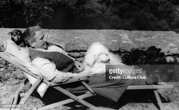 American writer Gertrude Stein , with poodle dog Pépé, on a terrace at Bilignin, France, 1946.