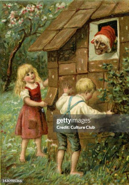 Hänsel und Gretel' -German fairy tale by the Brothers Grimm. The witch lures Hansel and Gretel into her gingerbread home. Published by Raphael Tuck &...