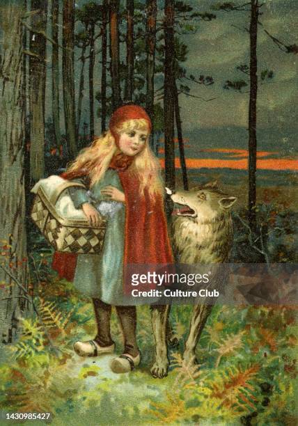 Little Red Riding Hood walking through the forest and meeting the wolf. Grimm brothers story. German illustration. Postcard Published by Kunstanstalt...