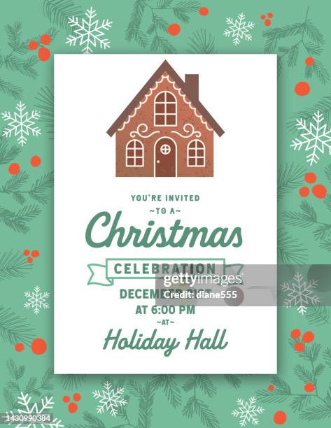 gingerbread house christmas party invitation template - holiday cookies background stock illustrations