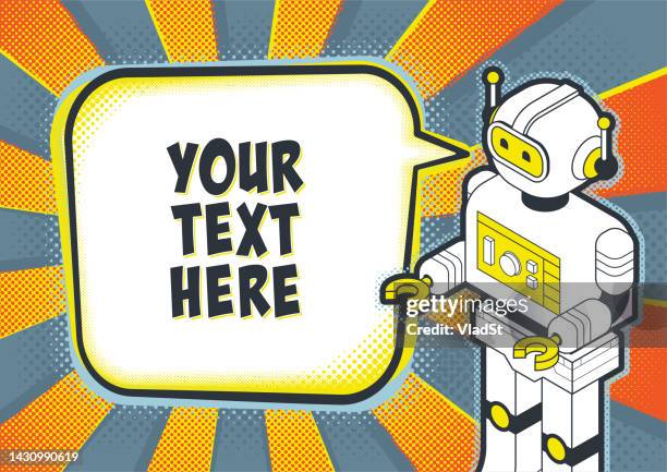 retro robot toy with comic book style speech bubble copy space background - retro robot stock illustrations