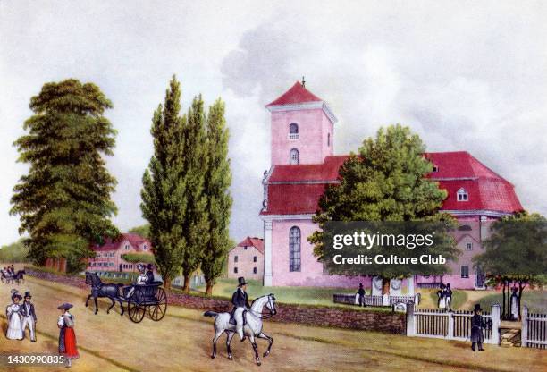 Grave of Friedrich Gottlieb Klopstock , German poet, under the linden tree in the churchyard in the village of Ottensen, Hamburg, c. 1830. Colourised...