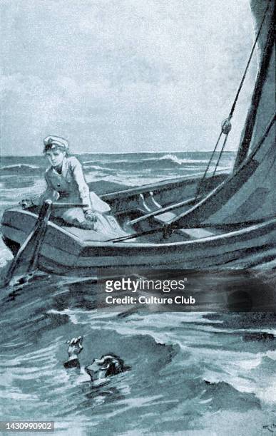 Daniel Deronda by George Eliot. Henleigh Grandcourt drowns in a boating accident with Gwendolen in Italy. Caption reads: 'I saw him sink. '...