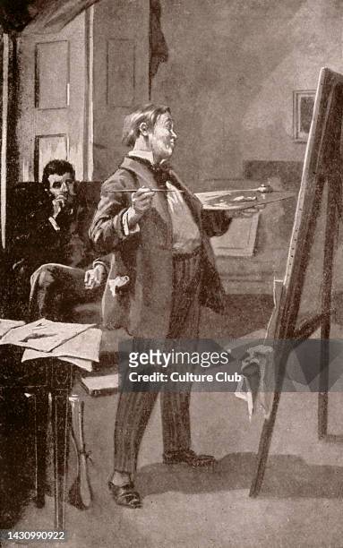 Daniel Deronda by George Eliot. Hans Meyrick showing his paintings to Daniel Deronda. Caption reads: 'Art, my Eugenius, must intensify. '...
