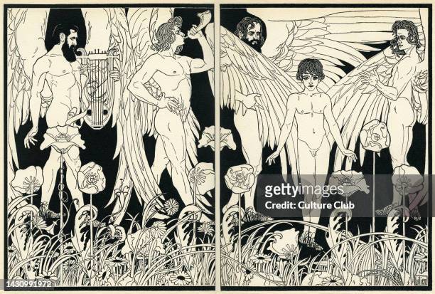 Ephraim Moses Lilien illustrationfor Die Erschaffung des Menschen / The Creation of Man. Shows angels surrounding Adam . Angels playing lyre, rams...