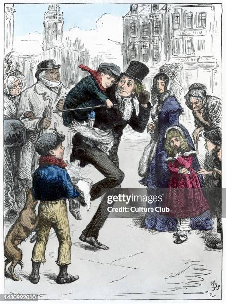 Christmas Carol, novel by Charles Dickens . Bob Cratchit carrying Tiny Tim: 'He had been Tim's blood-horse all the way from church, and had come home...