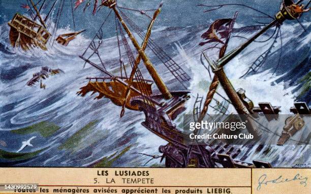 The tempest, Canto VI. The Lusiads, epic poem by Luis Vaz de Camoes , Portuguese writer. Liebig collectors card, 1950