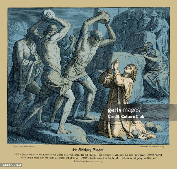 Stoning of Stephen, Acts chapter VII verses 57-59 'Then they cried out with a loud voice, and stopped their ears, and ran upon him with one accord,...