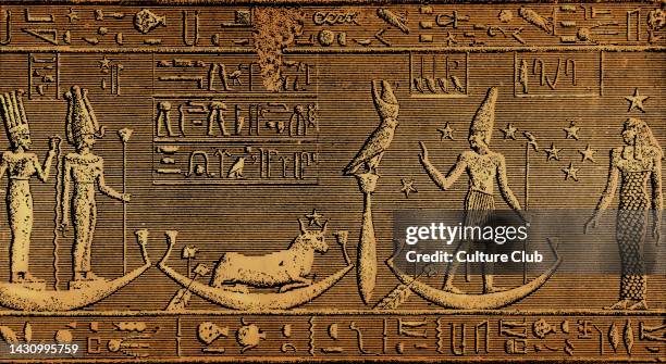Orion and Sirius on the Dendera zodiac. Second figure from right represents orion. Sirius is portrayed as a kneeling cow with a star between its...