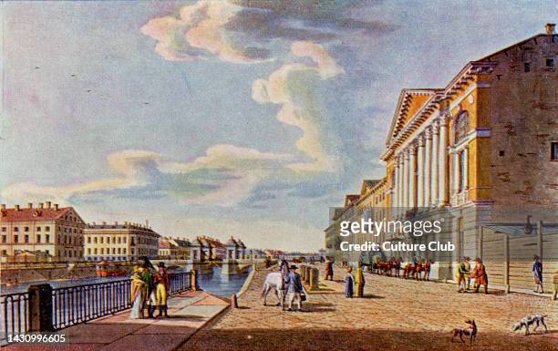 Annichkov Bridge over the Fontanka River with a view of Naryshkin house, St Petersburg, at the end of the 18th century. Watercolour by B. Paterson