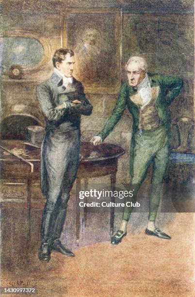 Henry Tilney learns of the reasons for his father, General Tilney's treatment of Catherine. Caption reads: 'They parted in dreadful disagreement. '...