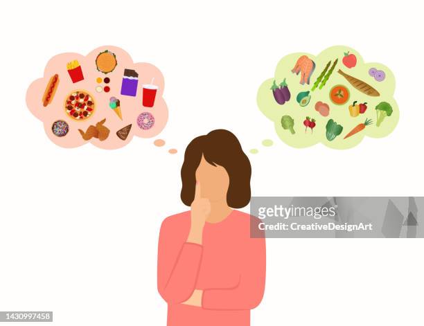 young woman choosing between healthy or unhealthy food - 女性一人 幅插畫檔、美工圖案、卡通及圖標