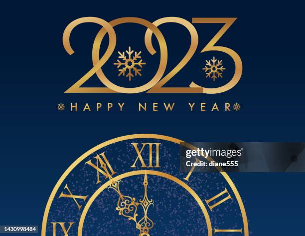 happy new year 2023 invitation template in navy blue and gold - new years eve clock stock illustrations