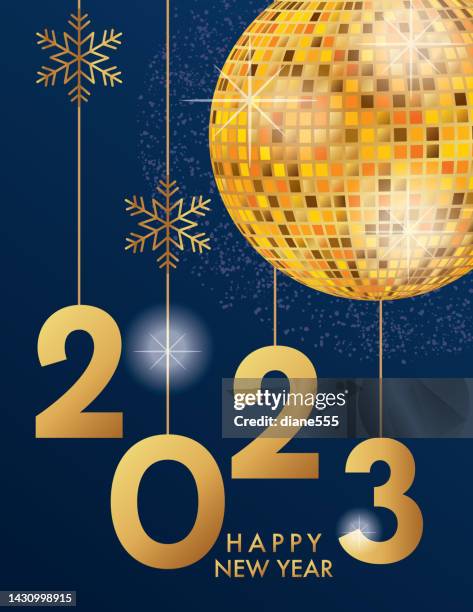 ilustrações de stock, clip art, desenhos animados e ícones de happy new year 2023 invitation template in navy blue and gold with a disco ball - globo espelhado