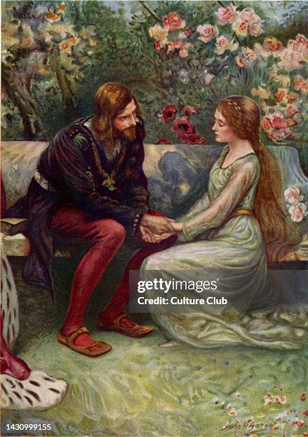 The Golden Legend; by Henry Wadsworth Longfellow. Written in 1851. Caption reads: Prince Henry and Elsie in the garden. Illustration by John Henry...