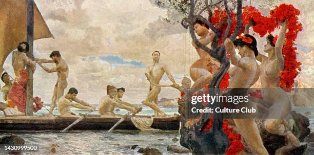Odysseus and the Sirens-painting by Otto Greiner, depicting Odysseus having himself chained to the mast of his boat, and the naked sirens luring him...