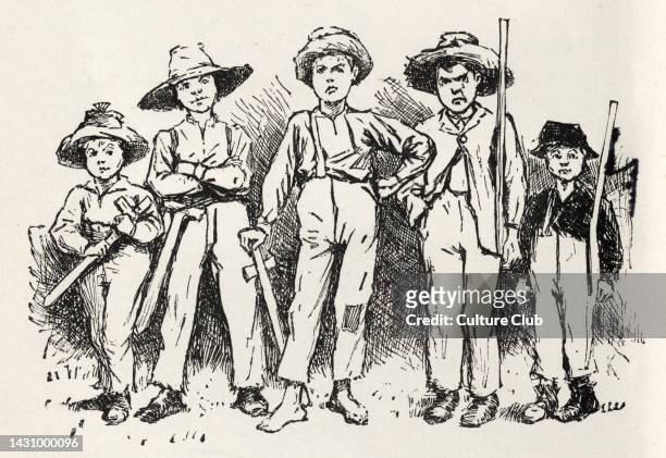 Tom Sawyer and his band of robbers-protagonists of Mark Twain's novel 'The Adventures of Huckleberry Finn' . Illustration from 1902 edition. . Mark...