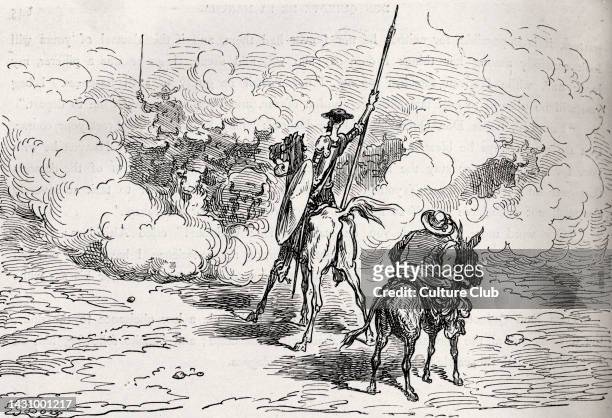 The History of Don Quixote written by Miguel de Cervantes and illustrated by Gustav Dore 1863. Illustration of Don Quixote and Sancho Panza. Spanish...