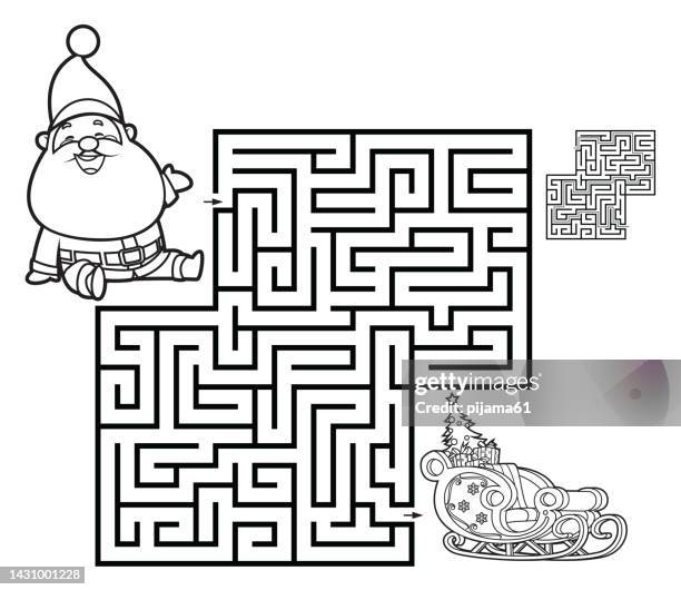 black and white, maze game for children. cute santa claus and sledge - coloring book page illlustration technique stock illustrations