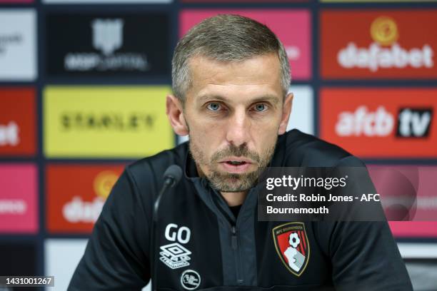 Interim Head Coach Gary O'Neil of Bournemouth speaks during a press conference at Vitality Stadium on October 06, 2022 in Bournemouth, England.