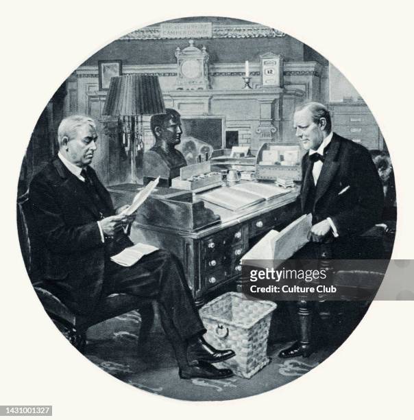 Winston Churchill-portrait of the British Prime Minister in 1914 when he was First Lord of the Admiralty, with Lord Fisher, First Sea Lord, at work...