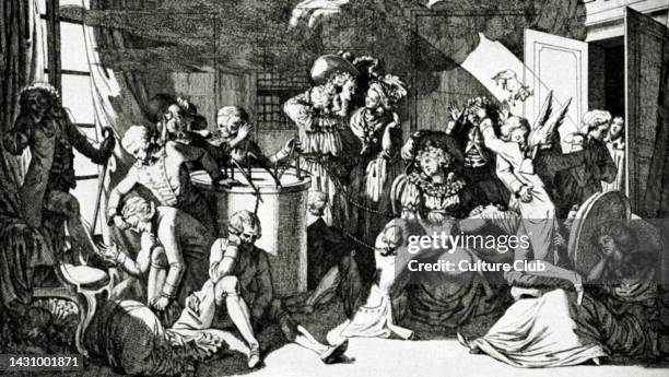 Friedrich Anton Mesmer applying his theory of animal magnetism to his patients using a large tub. Austrian physicist, 23 May 1734-5 March 1815....