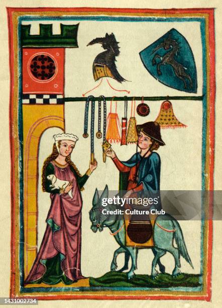 Dietmar von Aist -Austrian poet,talks to his lady , disguised as a merchant. . Illumination from the Codex Manesse or Große Heidelberger...