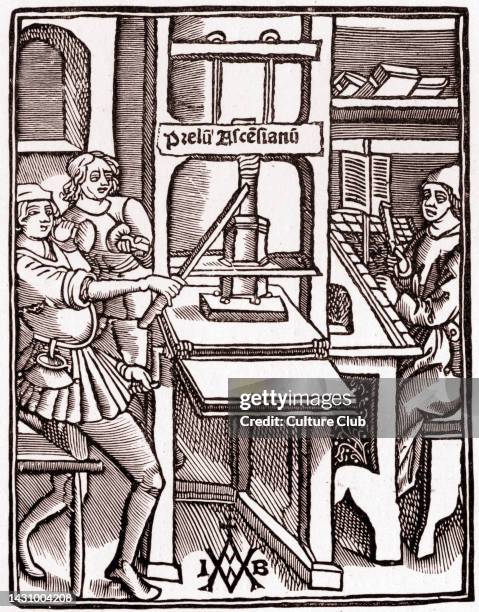 Printing press, 1511. The earliest known representation from title page of Hegesippus 's 'Historia de Bello Judaico' printed by Jodocus Badius...